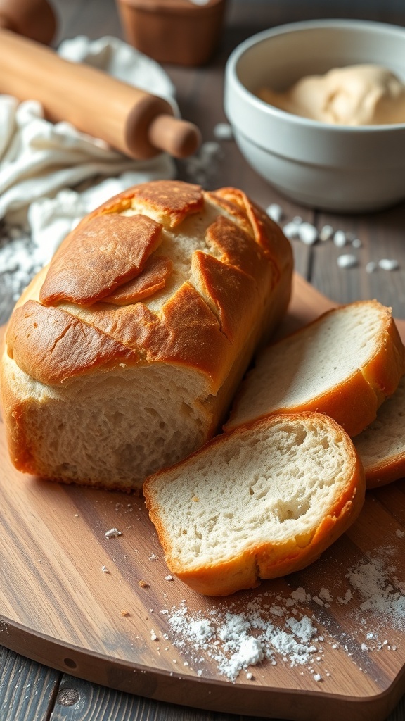 A golden-brown homemade bread loaf on a cutting board with slices beside it, set in a cozy kitchen.